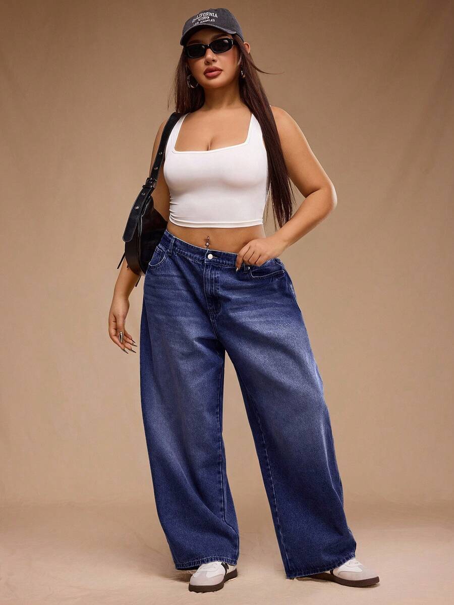 SHEIN Forever 21 Quần jean ống loe dáng rộng, túi hộp, dễ mặc, đa năng, size lớn dành cho nữ - Màu xanh hải quân - Xem 1