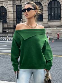 DAZY Women's Casual Loose Off-Shoulder Long Sleeve Green Sweater, Autumn/Winter - Green - View 3
