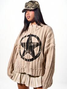 SUMWON WOMEN Áo khoác bomber dệt kim họa tiết ngôi sao cỡ lớn có họa tiết cũ kỹ, trang phục thường ngày mùa đông - Màu be - Xem 5