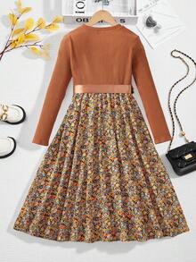 Firerie Kids Firerie Kids 青少年女孩休闲针织纯色拼布碎花圆领长袖连衣裙 - 彩色 - 查看 2