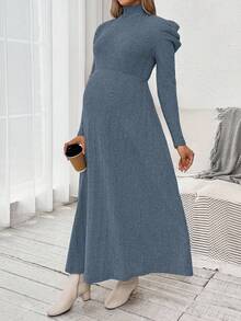 SHEIN 孕妇休闲纯色立领连衣裙，秋冬 - 藍色 - 查看 6