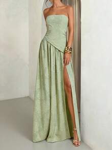 SHEIN BAE 鼠尾草绿、开心果绿、浅绿色纹理提花高开衩连衣裙、优雅长裙、早午餐裙、婚礼宾客服装、鸡尾酒会礼服 - 綠色 - 查看 4