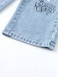 SHEIN ChillGRL Fashionable Young Girls Light Wash Denim Jeans With Playful Rabbit Heart And Letter Prints Straight Leg Long Pants Kids Fashion