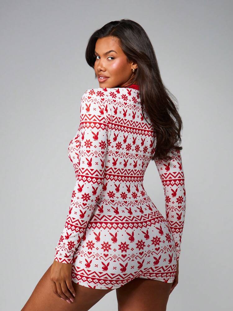 Missguided x Playboy Christmas Fair Isle V Neck Holiday Romper