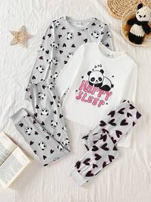 4pcs Girls Panda & Heart Print Long Sleeve Top And Leggings Set, Comfortable Casual Loungewear For Spring/Autumn - Multicolor - View 1