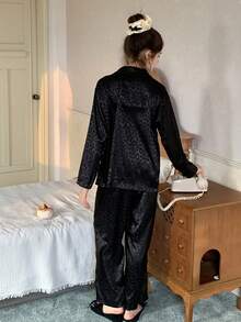 DAZY 少女豹纹提花长袖纽扣上衣和裤子家居服套装 - 黑色 - 查看 6