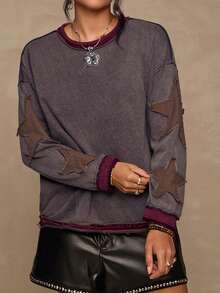 Freevana 大码女式休闲波西米亚嬉皮风格复古拼布刺绣圆领长袖 T 恤 - 咖啡棕 - 查看 7