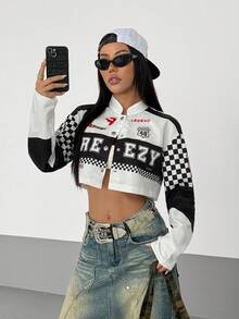 StreetHx Áo khoác xe máy nữ Thu/Đông, Áo khoác ngắn phong cách biker, Họa tiết xe máy, Màu đỏ & đen, Áo khoác ngoài dài tay thời trang đường phố - trắng - Xem 1