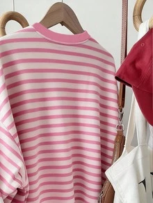 Resyla Korean Style Fashionable Versatile Colorful Striped Pattern Sweatshirt, Suitable For Outerwear, Photography, Camping, Autumn, Winter, Back To School, Women's Regular Crew Neck