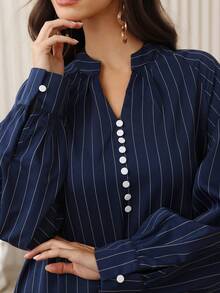 SHEIN Najma 秋冬立领纽扣长袖条纹印花喇叭形女式阿拉伯连衣裙 - 藏蓝色 - 查看 7