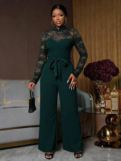 Lyxana Women's Elegant Contrast Lace Sheer Jumpsuit