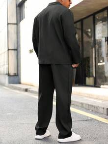 Manfinity Homme Conjunto de chaqueta y pantalones de talla grande para hombre, de unicolor, con cuello de solapa y manga larga, traje casual de otoño