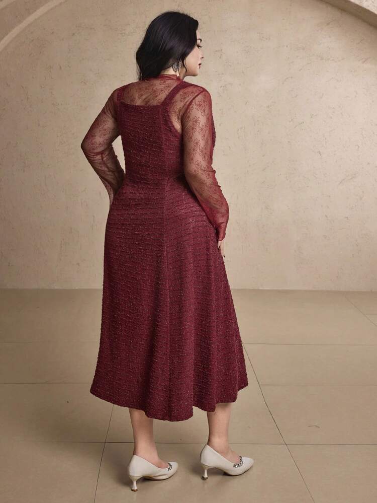 Dazy Plus 2pcs/Set Elegant Party Lace Bodycon Dress, Sexy Fitted Long Dress For Plus Size Women, Formal Occasion
