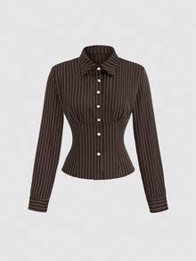 Sweetra Áo cánh tay dài họa tiết kẻ sọc cổ bẻ thời trang, màu sắc tương phản, ôm sát eo, tôn dáng cho nữ - màu nâu - Xem 6