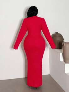 Maweii Váy len dáng dài thanh lịch màu trơn cỡ lớn, thu/đông - Đỏ - Xem 2