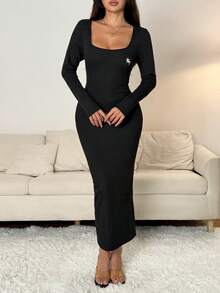 SHEIN PETITE 春夏纯色方领紧身黑色长袖连衣裙，女士优雅长袖方领修身黑色常规袖纯色紧身长裙，夏秋季休闲日常穿着，刺绣茶会连衣裙 - 黑色 - 查看 5