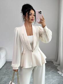 Rafferiza 女士优雅水钻装饰雪纺拼布披肩领单排扣长袖西装外套 - 杏色 - 查看 6