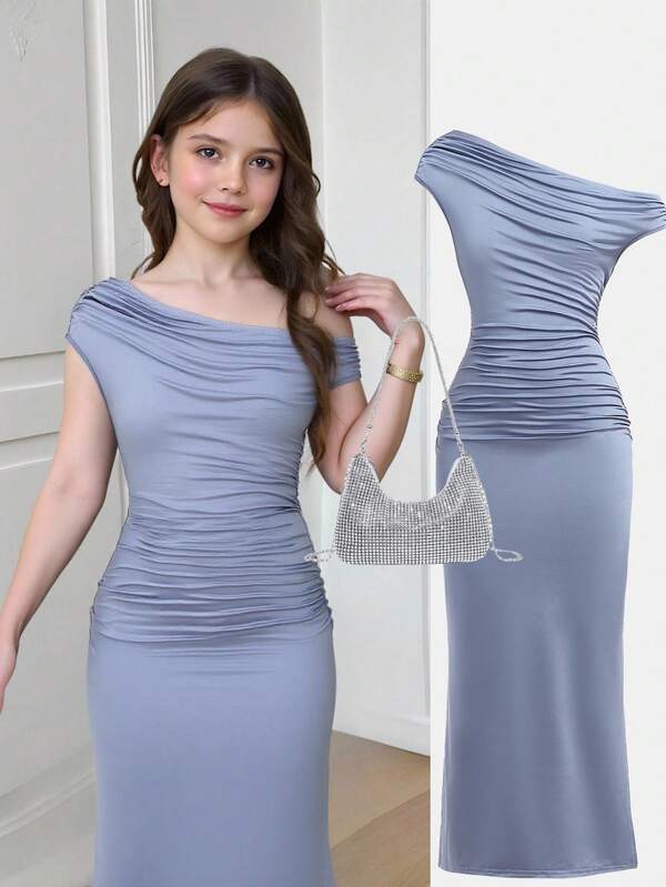 SHEIN Tween Girl Casual Elegant Asymmetric Neck Ruched Waist Bodycon Maxi Knit Dress, Suitable For Halloween Party, Back To School Outfit, Gatherings, Outings, Blue Teen Girl Dresses Ruched Long Dress Girls