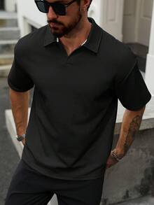 Manfinity CasualCool Manfinity 男士休閒 Polo 衫，黑色短袖，紋理布料，夏季純色通勤 Polo 衫，適合高爾夫球衫，拉鍊設計，正式款 - 黑色 - 查看 6