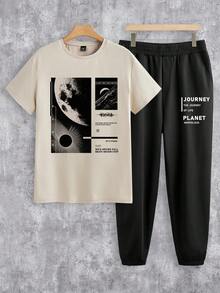 Manfinity Homme Moon & Black Hole Graphic Letter Print Casual Knit Khaki Short Sleeve Top & Black Pants Set, Plus Size Men - Khaki - View 1