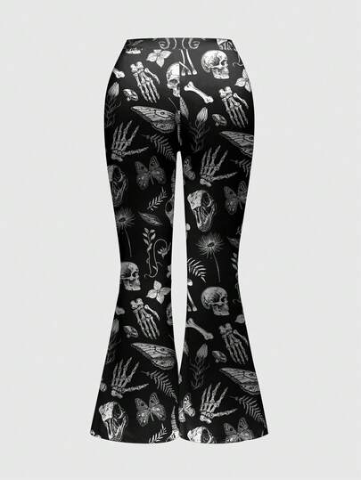 Goth Gothic Dark Forest Mushroom, Plant, Skull, Sun & Moon Elastic Waist Flare Elegant Plus Size Women Pants