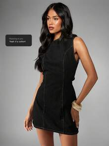 MISSGUIDED Sleeveless Rigid Denim Mini Dress With Tie Back Waist And Slashed Neck Detail For Summer Casual Occasions - Black - View 8