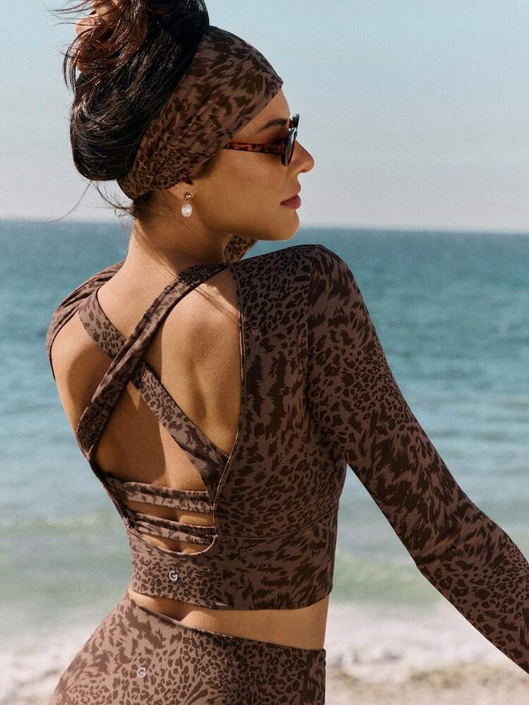 FeatherFit™ Leopard Criss Cross Backless Cropped Sports Long Sleeve Tee Low Impact Yoga Pilates Daily
