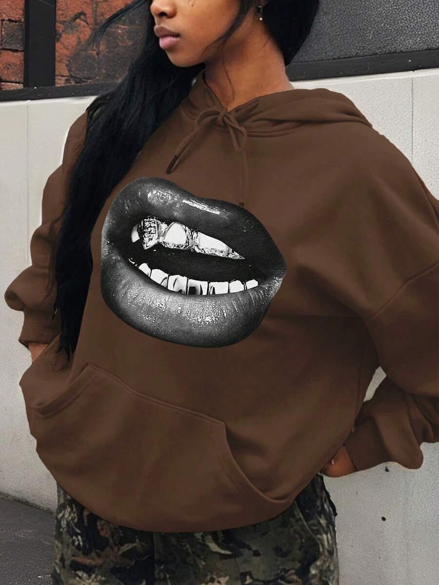 Slaydiva Sudadera holgada con capucha, estampado minimalista de labios, de ajuste suelto y gruesa, para mujer, otoño/invierno - Marrón - Ver 1