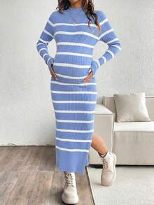 SHEIN 孕妇立领条纹长袖修身休闲针织连衣裙 - 藍色 - 查看 6