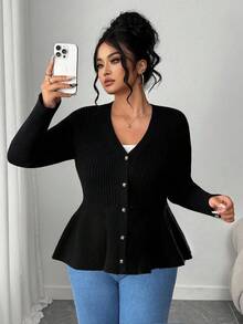 Elenzga Cardigan com Botões, Gola V, Ajustado, Estampa Floral em Retalhos e Barra Assimétrica, Plus Size, Outono/Inverno para Mulheres