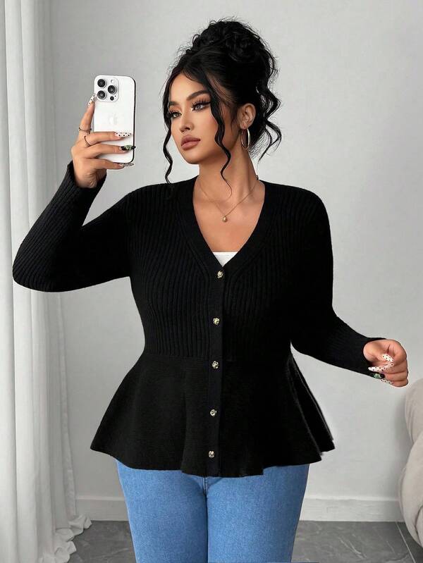 Elenzga Plus Size V-Neck Fitted Floral Patchwork Asymmetric Hem Button-Up Cardigan For Women, Autumn/Winter