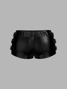 SHEIN PETITE Quần short ngắn siêu ngắn trang trí họa tiết PU bó sát cạp thấp Y2k cho lễ hội Rave - màu đen - Xem 2