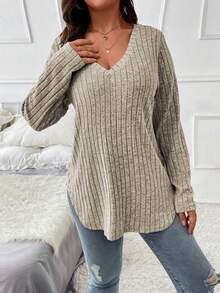 EMERY ROSE Plus Size Women's Casual V-Neck Long Sleeve Ribbed Knit T-Shirt, Solid Color, Versatile For Daily Wear, Spring/Autumn - Apricot - View 8