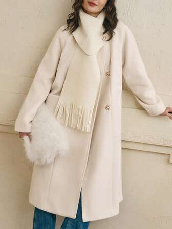 Cévolie 女式纯色插肩袖双排扣宽松优雅长款大衣，秋冬