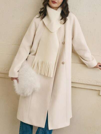 Cévolie 女式纯色插肩袖双排扣宽松优雅长款大衣，秋冬