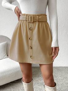Pariaura Solid Color Paper Bag Waistband Button Elegant Office Casual A-Line Skirt Solid Color Women Belt High Waist Casual Khaki Skirt Corduroy Button-Front Skirt - Light Yellow - View 7