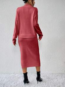 RosyDaze 女式纯色简约日常长袖上衣和裙子针织两件套，休闲 - 西瓜粉 - 查看 2