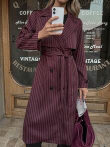 Elyressa Áo khoác gió tay dài màu đỏ rượu vang thanh lịch, hai hàng khuy, tay loe có thắt lưng, phong cách Pháp, thời trang đi làm, đa năng, mùa thu/đông - Nhiều màu - Xem 5