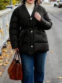 INAWLY Plus Size Women V-Neck Cinched Waist Padded Coat - Black - View 6