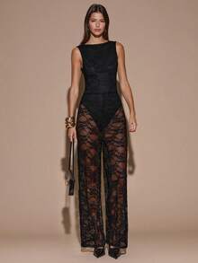 SHEIN BAE 女式撞色蕾丝无袖圆领露背蝴蝶结性感连体裤，适合日常穿着、约会、派对、聚会、外出、不对称阔腿连体裤、情人节连体裤、休闲连体裤、优雅连体裤，哈 - 黑色 - 查看 6