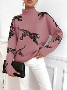 SHEIN Clasi Women's Leopard Jacquard Drop Shoulder Loose Fit Turtleneck Knit Sweater - Redwood - View 5