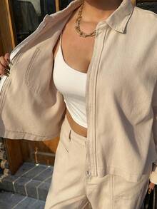 Dazy Plus 2 件大码女式牛仔套装，短款口袋翻领宽松上衣夹克和直筒牛仔裤，街头风格 - 杏色 - 查看 7