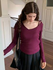 Dazy Kids Teen Girl Casual Everyday Commute Minimalist Solid Color Ribbed Asymmetrical Neck Fitted T-Shirt, Spring/Autumn - Red Violet - View 1