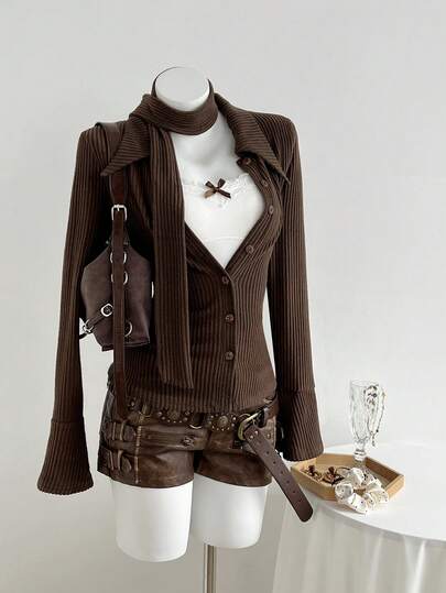 Elamini 棕色针织羊毛罗纹面料两件套，带围巾的开衫，前襟纽扣，翻领，长喇叭袖，开衩下摆，女士修身衬衫，秋冬，时尚，通勤、办公室、教师、学校、优雅、浪漫、休闲日常穿着