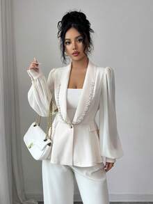 Rafferiza 女士优雅水钻装饰雪纺拼布披肩领单排扣长袖西装外套 - 杏色 - 查看 5