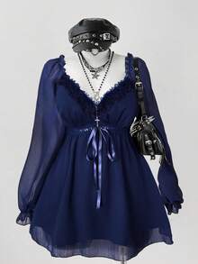 Sunspun Áo cánh thời trang thanh lịch tay dài cổ tim ren tương phản cỡ lớn dành cho nữ - Màu xanh hải quân - Xem 6