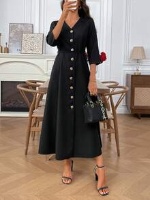 EMERY ROSE Vestido maxi elegante de mujer con cuello en V, manga raglán y botones frontales en unicolor - Negro - Ver 4