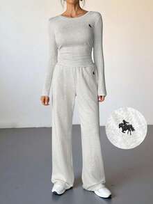 SHEIN Tall Damen Rundhals Rippstrick Langarm Set mit Tiermotiv, perfekt für einen bequemen Alltags-Zweiteiler Langarm Zweiteiler