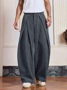SWAVVY Quần vải nhung kẻ dáng rộng, thắt lưng xếp ly màu trơn cho nam - Xám - Xem 2