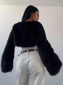 SHEIN SXY 性感可爱白色圣诞仿皮草披肩外套，秋冬时尚黑白上衣优雅休闲皮草上衣女士冬季仿皮草外套 - 黑色 - 查看 2